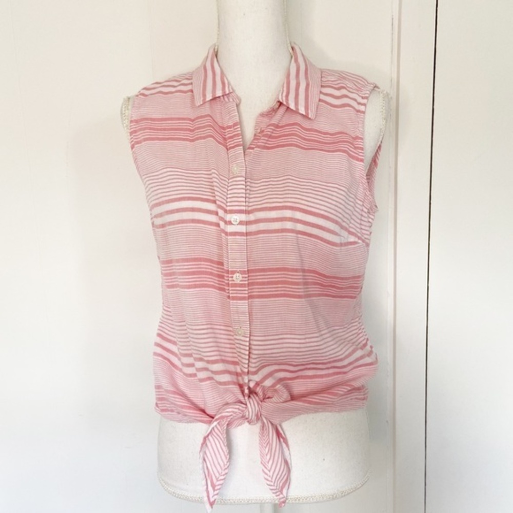 Talbots pink and white striped button up sleeveless top tie front size medium
